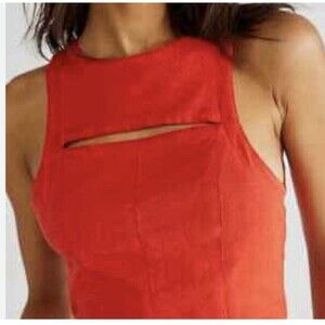 Free People Sneak a Peek Top Large Red Smocked Cropped Tank Cutout Festival Boho